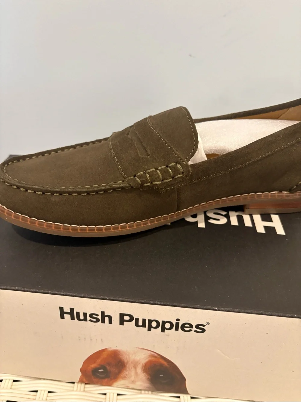 Hush Puppies women’s Suede Penny Loafers in Olive Brown